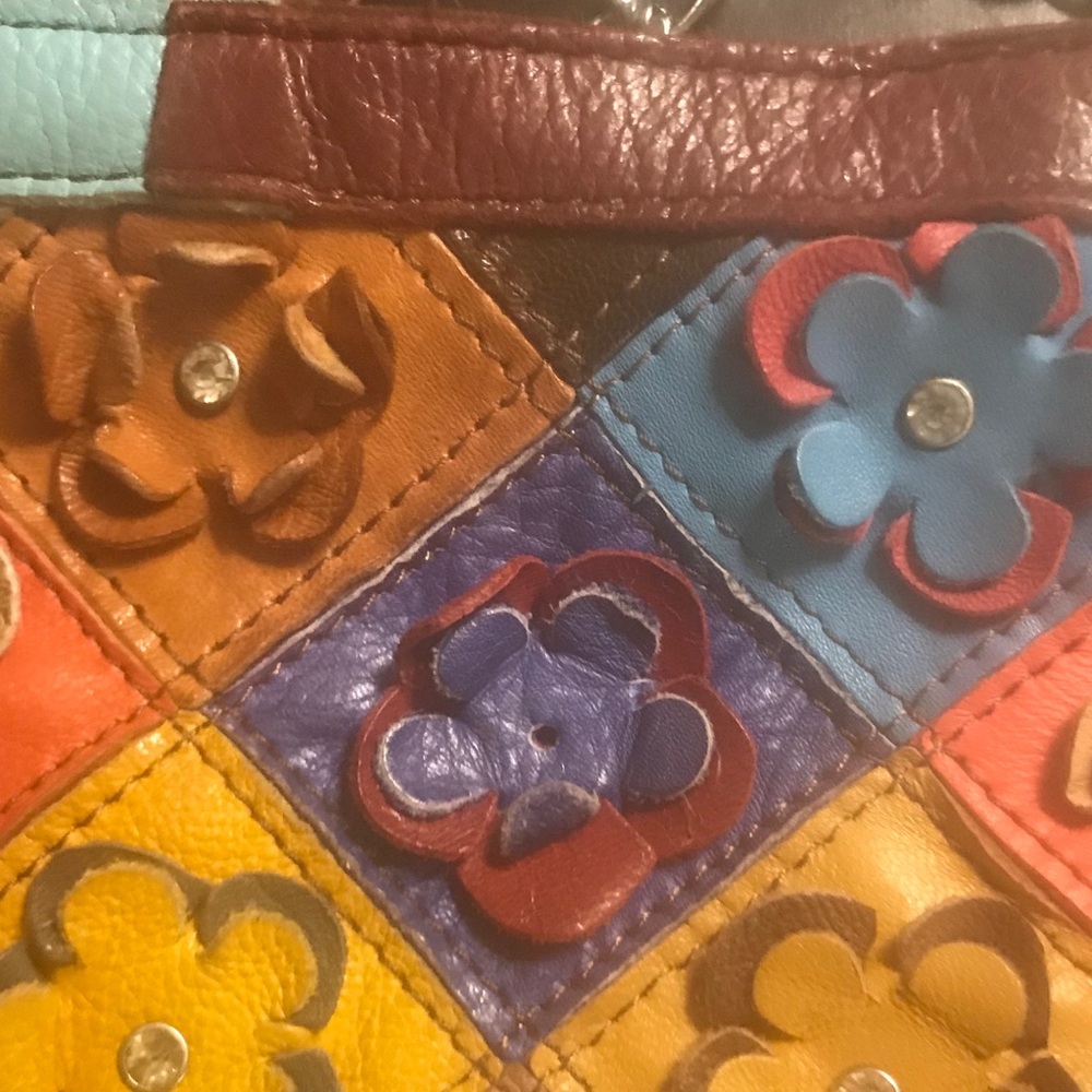 Leather Patchwork Purse w/Studded Leather Flowers - Picture 3 of 4